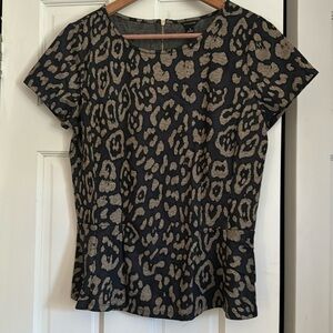 Ann Taylor Short Sleeve Peplum Top, Navy & Dark Tanish, Medium